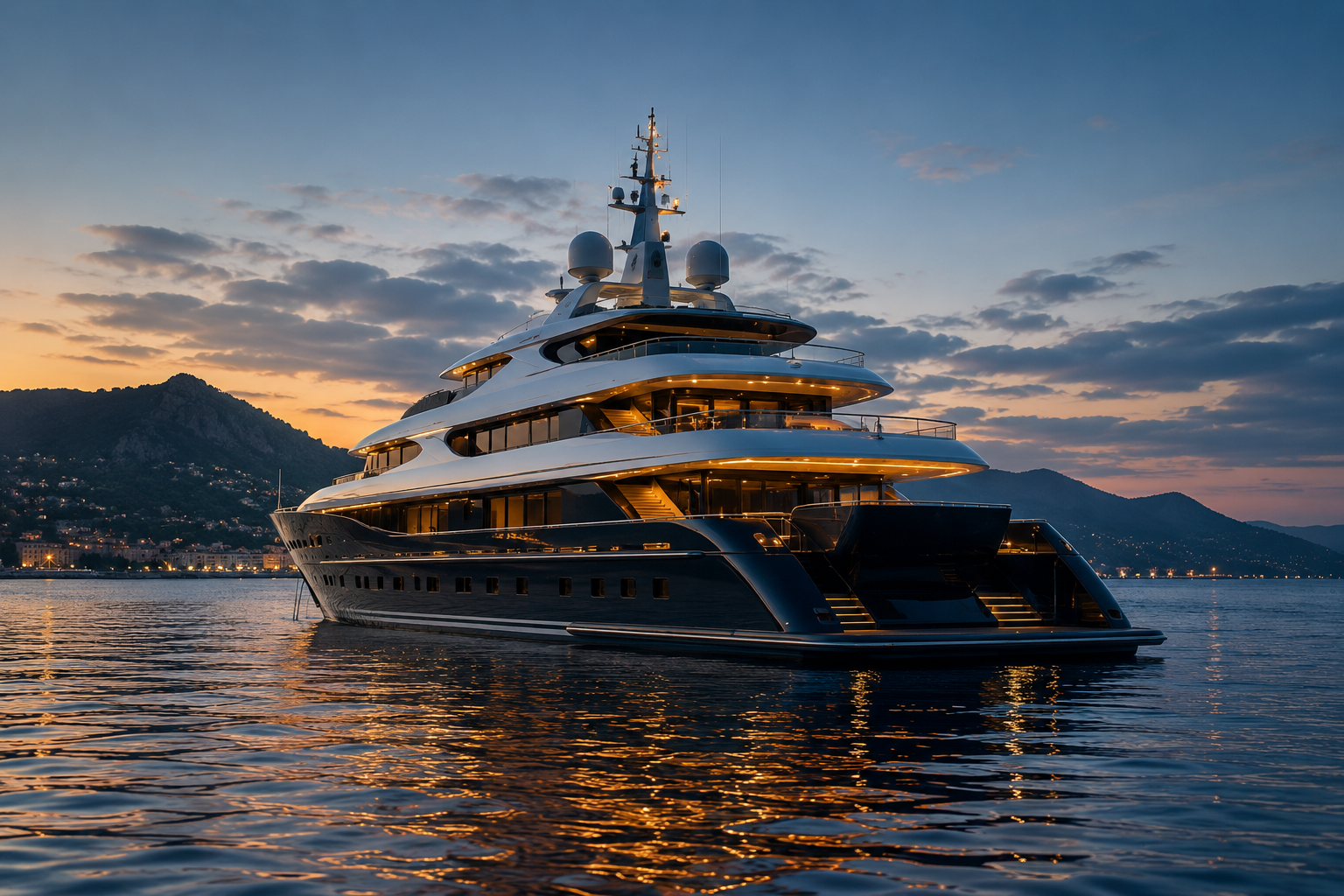 Modern superyacht in calm coastal water